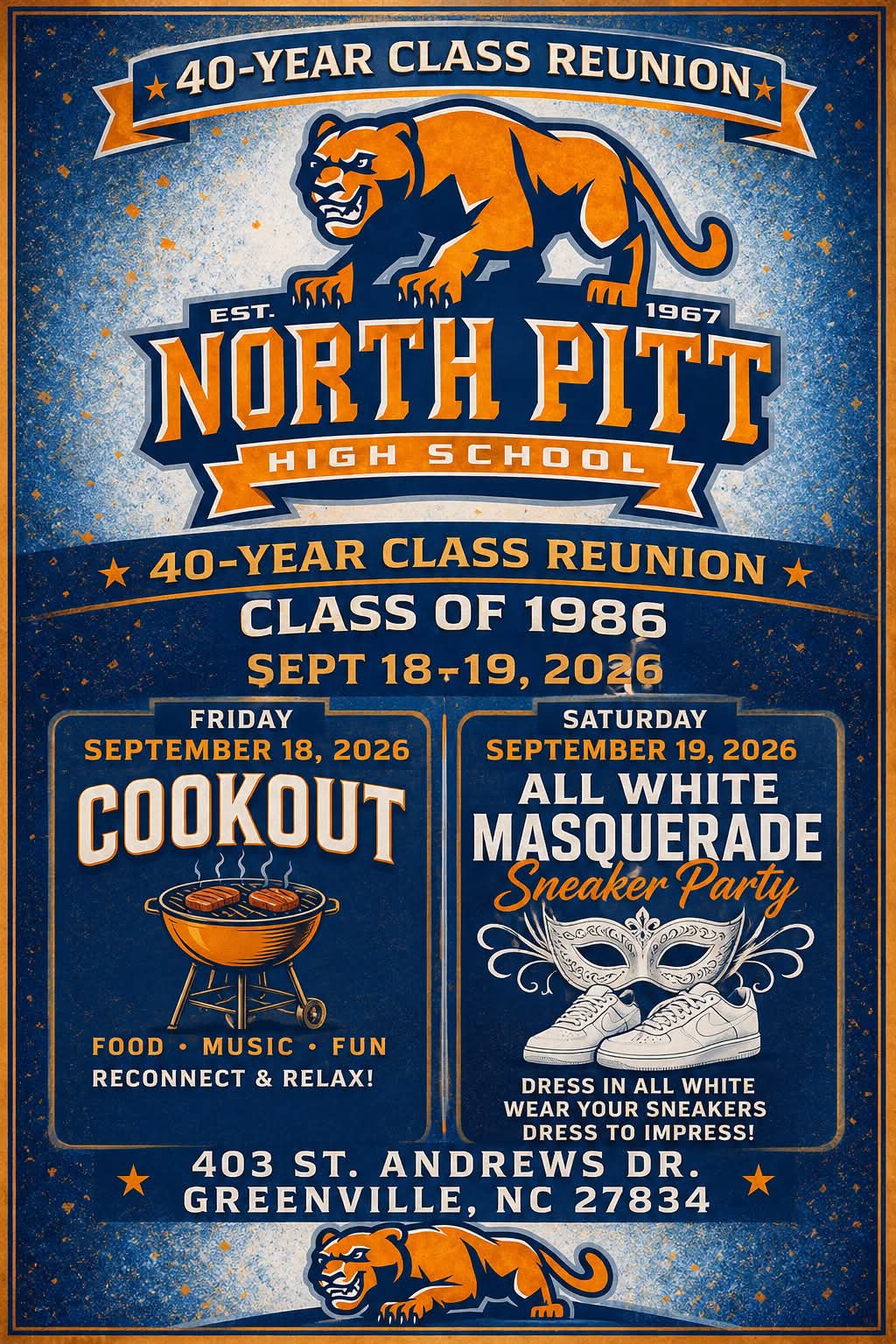 North Pitt High School Class of 1986 40-Year Reunion flyer — Sept 18-19, 2026, Cookout Friday and All White Masquerade Sneaker Party Saturday at 403 St. Andrews Dr., Greenville, NC 27834